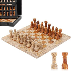 Marble Chess Set, 10 Inch Coral & Red Handmade Chess Sets for Adults, Marble Board Game for Family with Storage Box and 2 Extra Queen, Ideal Travel Chess Set &