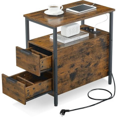 VASAGLE Side Table, Bedside Table with Power Strip, 2 Drawers, Sofa Table, Bedside Cabinet for Living Room, Bedroom, Vintage Brown/Ink Black, LET325B01