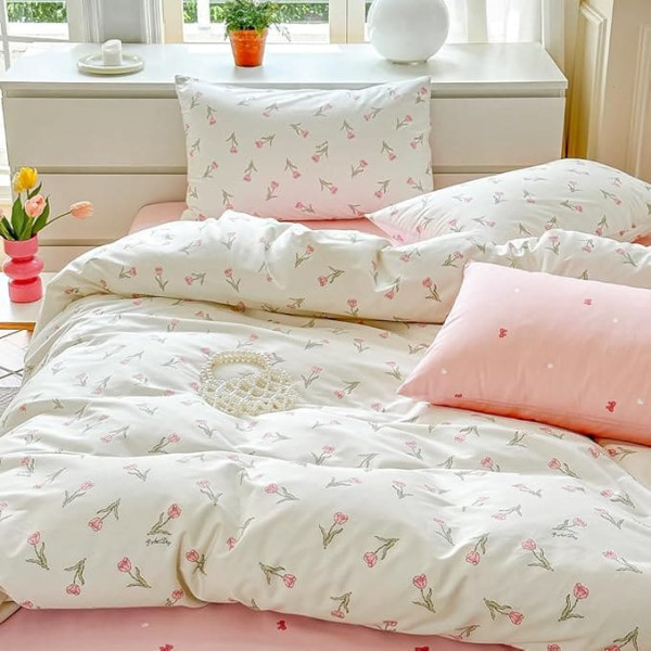 Covebett Bed Linen 200 x 200 cm Cotton Pink White Tulips Flowers Floral Reversible Bed Linen Set 3-Piece Romantic Girls Floral Duvet Cover and 2 Pillowcases 80 x 80 cm with Zip