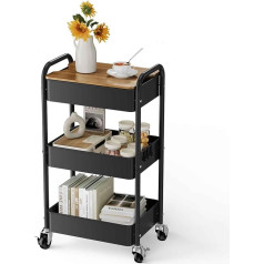 Shrivee 3 Tier Rolling Cart with Locking Wheels and Hooks for Office, Classroom, Kitchen and Bathroom (Black)