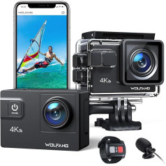 WOLFANG GA300 Action Cam 4K 60FPS, 24 MPUnderwater Camera, WiFi 24MP Waterproof 2.0 ICE Image Stabiliser, Touchscreen Helmet Camera, 8 x Zoom (External Microphone, 2 x 1350 mAh Batteries and Accessories Kit).