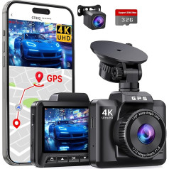 Dashcam Car Front Rear 4K + 1080P, Dash Cam Car with GPS WiFi, Dual Car Camera with 32GB Card, 170° Wide Angle, Super Night Vision WDR, 24H Parking Monitoring, G-sensor, Loop Recording, App Control