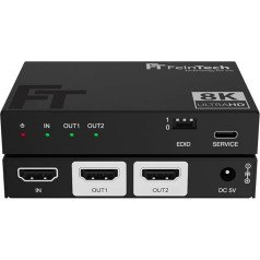 FeinTech SP210 HDMI 2.1 Splitter 1 in 2 Out 4K 120Hz 8K VRR ALLM, HDMI Splitter with Downscaler for 2 Monitors Simultaneously, HDMI CEC Pass, Compatible with HDCP 2.3, HDR, Dolby Vision