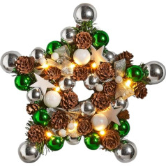 LED Star Christmas Wreath, Diameter 28 cm, Door Wreath, Christmas Advent Wreath, Star Shape, Decorative Wreath, Table Wreath, Illuminated with Stars, Balls, Cones, Christmas Decoration for Hanging or