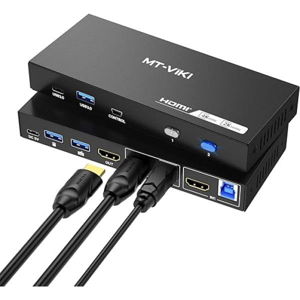 MT-VIKI USB 3.0 KVM Switch HDMI 2 Port 4K @ 60Hz/2K @ 144Hz KVM Switcher 2 Computer 1 Monitor with 3 USB-A+ 1 Type C