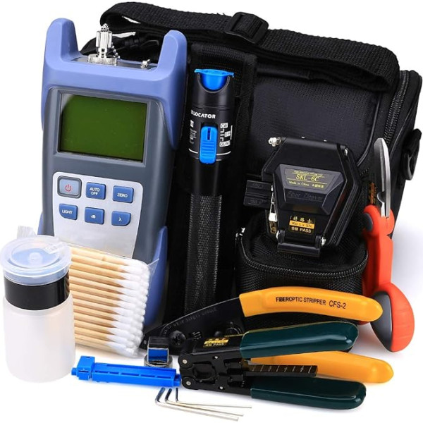 FTTH Fiber Optic Tool Kit 18 in 1 with New Fiber Optical Power Meter and 1mW Visual Fault Locator and Cable Cutter Stripper Tool SKL-6C Fiber Cleave Multi-function Equipment Tool