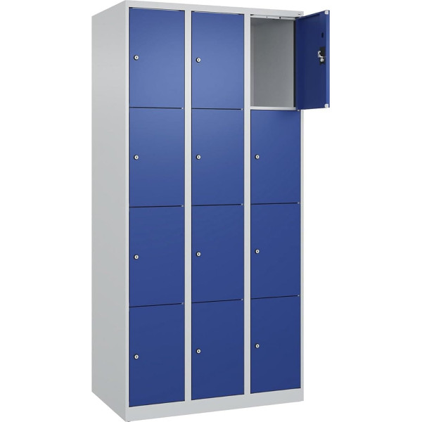kaiserkraft | 4er-Schließfachschrank Evolo Plus | 3 Abteile | lichtgrau/enzianblau | B 900 mm | 12 Fächer | mit Bodengleitern | Zylinderschloss