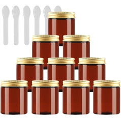 PQPAUTY Pack of 24 Small 250 ml Brown Plastic Empty Cream Jar with Gold Lid 250 g Empty Tin Screw Box Cosmetic Container Jar, 6 Pieces Spatulas