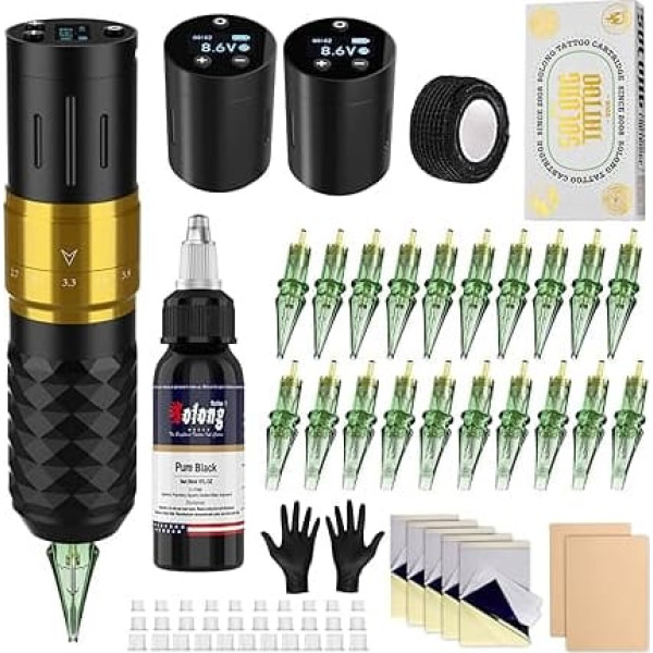 Solong Tattoo Machine Set 2 Batteries 7 Strokes, Rotary Wireless Tattoo Pen Gun with LCD Digital, 20 Pieces Cartridge Needles, 30 ml Inks Black for Beginners and Artists SL-TK0002EU-9