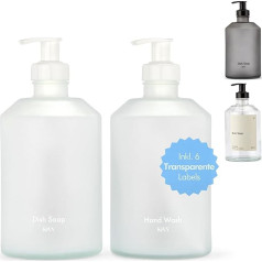 KIVY Glass Soap Dispenser with Labels for Kitchen, Bathroom and Shower - Shampoo Bottles for Filling - Washing Up Liquid Dispenser Kitchen - Washing Up Liquid Pump Dispenser Glass Shower Gel Dispenser