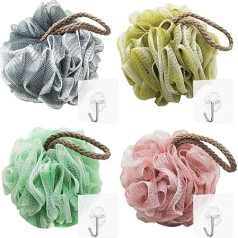 Pack of 4 Shower Sponge, Body Bath Sponge Massage Sponge with Self-Adhesive Hooks, Mesh Shower Flower Loofah Exfoliating Sponge Shower Sponge Soap Sponge Puff Bath Ball Washing Sponge for Shower and