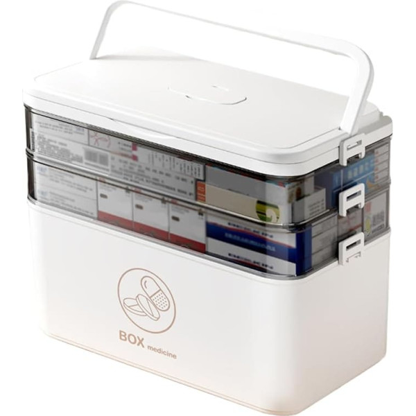Medicine Storage Box, Medicine Storage Box with Handle, Portable 3-Layer Medicine Box with Lid, Multi-Grid Storage Box for Medicine and Medicine Cabinet for Home