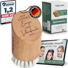 Fabigreen® Premium Face Brush [Made in Germany] Includes E-Book with Face Yoga & Skin Care Tips - Dry Brush for Massage & Exfoliating Face - Face Dry Brush - Made of FSC Beech Wood (Natural with Text)