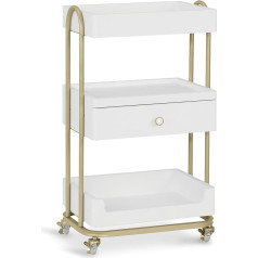 Barberpub 0093 Serving Trolley with Wheels and Drawer, Hairdressing Trolley White Gold Salon Trolley with 3 Shelves, Modern Work Trolley for Bathroom Living Room, 37 x 51 x 87 cm