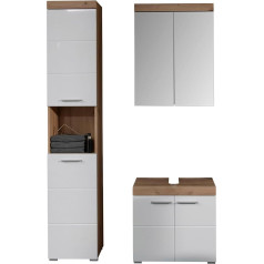 trendteam smart living - Amanda - Bathroom Furniture Set - Vanity Unit, Mirror Cabinet and Tall Cabinet - White/White High Gloss Oak - (W x H x D) 112 x 190 x 34 cm - Scratch-Resistant
