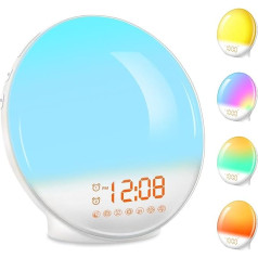 HUO JI Daylight Alarm Clock with Sunrise/Sunset Simulation Dual Alarms and Snooze Function, 7 Colours Atmosphere Lamp, 7 Natural Sounds and FM Radio