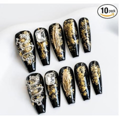 Sun&Beam Nails Coffin Nails, Handmade, Nail Tips, Long, for Sticking On, Black, Gold, 3D, Diamond, Dragon Design, with Adhesive Pads, Pack of 10, #052, S