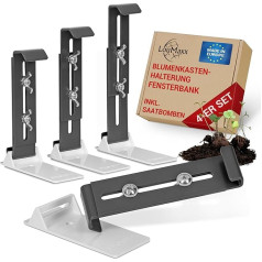 LouMaxx Window Box Holder without Drilling - Set of 4 Invisible Window Sill Flower Box Holder in Anthracite - Sturdy, Height Adjustable - Includes Adapters and Seed Bombs
