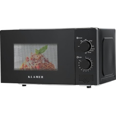KLAMER Microwave 20 Litres, 700 Watt, 9 Power Levels Including Grill and Defrost Function, 35-Minute Timer, Includes Turntable & Grill Grate, Energy Efficient, Black