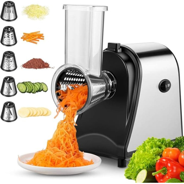 Meykey Electric Vegetable Slicer, Vegetable Cutter, Electric Cutter, 250 W, 5 Cone Blades, Silver Black