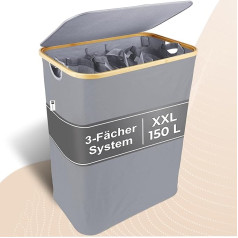 Luxpur® XXL Laundry Basket with Lid 3 Compartments Laundry Bag Bamboo Laundry Sorting System Foldable Laundry Basket Laundry Basket Laundry Separator Laundry Basket