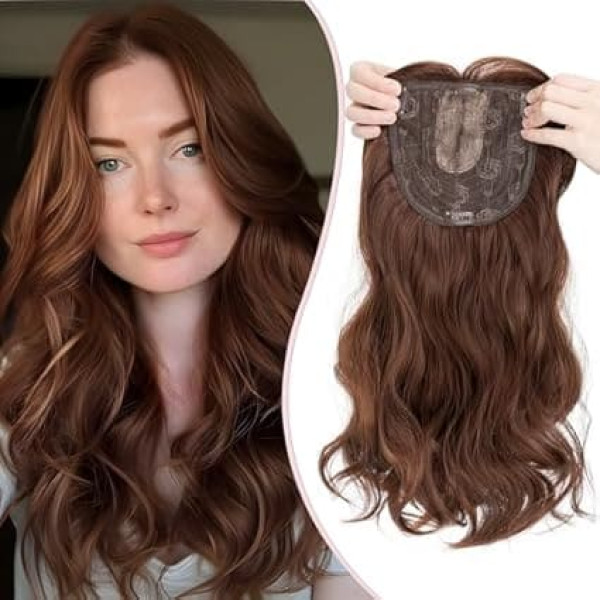 S-noilite Hair Toppers for Women, Toupee Toppers, Hair Extensions, Wigs with Fringes, Hair Topper Base, 15 x 15 cm, Clip-In Synthetic Hairpieces, Wavy Curly, 45 cm, 175 g, Coffee Brown