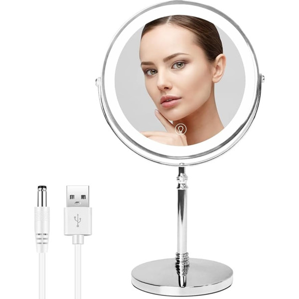 WITFAMILY Cosmetic Mirror Illuminated with 1X/10X Magnification and 3 Adjustable Light Colours, Dimmable Brightnesses, USB Charging Double-Sided Makeup Mirror for Bathroom (Silver