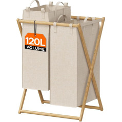 Lifewit 120L Foldable Laundry Basket, 2 Sections, Large Bamboo X-Frame Laundry Hamper, Foldable Dirty Clothes Sorter with 2 Removable Pockets for Laundry Room/Bathroom/Bedroom, Beige