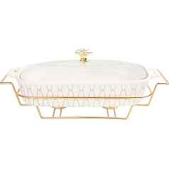 jinsongdafa Rectangular Porcelain Casserole Dish with Glass Lid and Rack, 2000ml Soup Tureen for Serving, Chafing Dish, Casserole Dish for Food Storage, Catering Casserole Dish