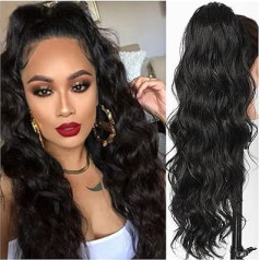 Frauen Body Wave for Frauen, langer, gewellter Pferdeschwanz, Echthaar, Kordelzug, Clip-in-Haarteil, schwarze Wellenverlängerung, afroamerikanischer Pferdeschwanz Täglicher Gebrauch(8inches)