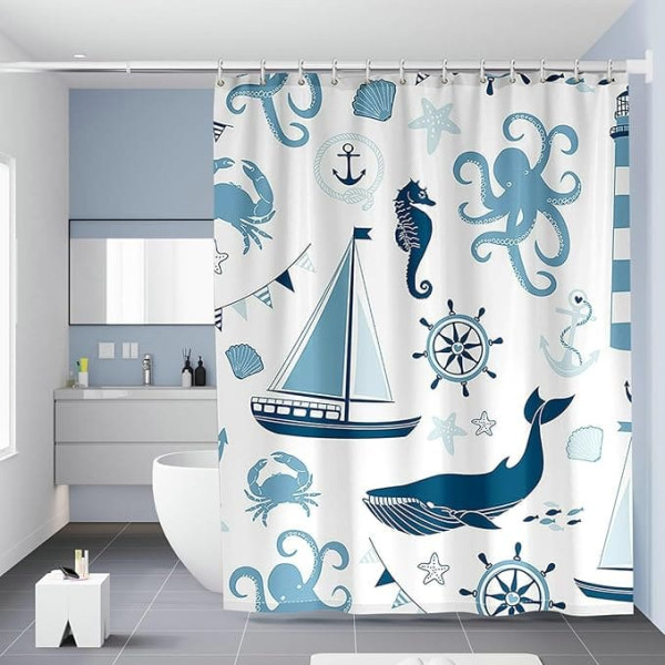 BCughia Shower Curtain, 80 x 200 cm, Maritime Sailing Boat, Anchor, Rudder, Sea Creatures, Shells, Shower Curtains, Anti-Mould, Waterproof, Polyester Washable Curtain with 12 Shower Curtain Rings