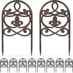Relaxdays Set of 10 Cast Iron Garden Fences, H x W: 32.5 x 17.5 cm, Vintage Design, Flower Bed Border for Plugging, Decorative Fence, Brown