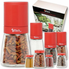Pepper and Salt Mill Set of 4 with Adjustable Ceramic Grinder Elegant Pepper Mill Chilli Mill - 8-Piece Set 4 Mills and 4 Replacement Glasses - No Spice Content - 140 ml Set of 4 Red
