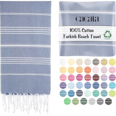 Cacala Pure Series Turkish Bath Towels – Traditional Peshtemal Design for Bathrooms, Beach, Sauna – 100% Natural Cotton, Ultra-Soft, Fast-Drying, Absorbent – Warm, Rich Colors with Stripes, Grey Blue, 95 x 175 x 0.5 cm