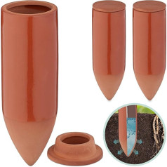 Relaxdays Clay Cones Watering, Set of 3, 330 ml, Watering Aid Indoor Plants, Balcony Boxes, Watering Cones with Lid, Terracotta