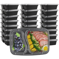 AKOLAFE Pack of 25 Meal Prep Boxes 1000 ml 35 oz Meal Prep Boxes 2 Compartments Reusable Meal Prep Container with Lid Airtight Food Box Plastic BPA-Free Lunch Box Rectangular Container for Food, Fruit