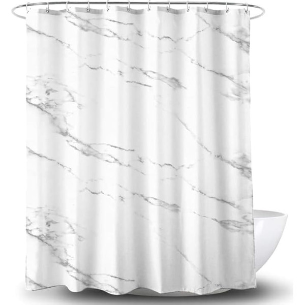 Alumuk Printed Shower Curtain, Anti-Mould, Waterproof, Washable, Anti-Bacterial Fabric, Polyester Bath Curtain with 12 Shower Curtain Rings, 180 x 180 cm, Marble