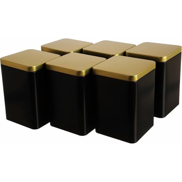 Dosenritter 6 x Elegant Square Storage Jars/Tea Canisters, Aroma-Proof Metal for 240 g Tea, Black Gold, 13 x 9 x 9 cm (H x W x D), Also Ideal as a Spice Jar