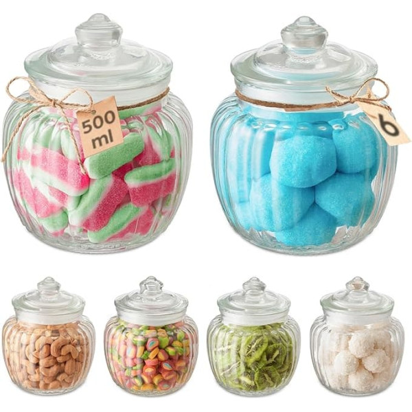 Praknu Candy Jar with Lid and Labels – 500 ml – 6 Vintage Storage Jars for Candy Bar, Wedding, Party & Kitchen – Dishwasher Safe – For Biscuits Chocolate & Sweets