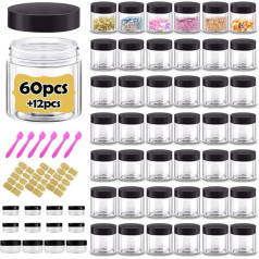 2 oz Plastic Containers with Lids, 60 Pieces Plastic Jars with Lids + 3/5/10 Grams 12 Pieces Sample Containers Travel Jar - Great for Lip Scrub, Body Butters, Cream, Lotion Free Labels & Spatulas (72 Pack)