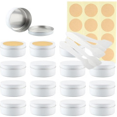 LusDoly Pack of 20 150 ml White Empty Aluminium Screw Tin - Diameter 83 x 38 mm Cream Tin Aluminium Tin with Screw Lid Round Aluminium Tin Cosmetic Jars Candle Tins with Spatula Label
