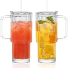 INSETLAN Pack of 2 760 ml Glasses with Lid and Straw, Ribbed Drinking Cups with Lid and Handle, Thick Glass, Ideal for Iced Coffee, Matcha, Latte, Juices and Other Drinks