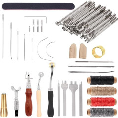 Keadic 52Pcs Basic Leather Crafting Kit with Leathercraft Waxed Threads, Stitching Groover, Stitching Needles, Adjustable Swivel Knifes and Metal Prong Punchers, Leather Stamping Tools