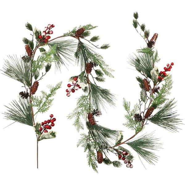 180 cm Christmas Pine Garland Wreath with Red Berries Snow Pine Needle Pine Cones Spruce Eucalyptus Leaves Winter Green Garland for Christmas Fireplace Stairs Table Decoration