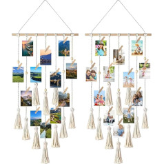 GBACHOOSE Pack of 2 Wall Hangings, Picture Frames with Clips and Line, Photo Wall with 30 Small Wooden Pegs and 10 Tassel Pendants (43 x 108 cm)