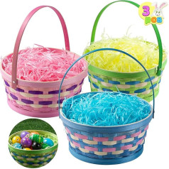 JOYIN 3-Piece Braided Bamboo Easter Basket with Tricolour Grass Paper Scraps, Easter Eggs Viking Basket with Handle for Picnics, Party Favours, Decorations