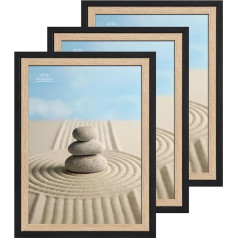 lincoolart Picture Frame DIN A4 Black Wood Frame A4 Natural Photo Frame 21 x 30 cm Wooden Frame Set of 3 with Shatterproof Acrylic Glass for Children's Drawings Photos, Pictures, Posters