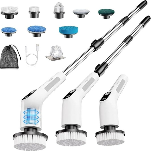 Cusopeh Electric Cleaning Brush with 8 Interchangeable Brushes, Electric Grout Brush, Electric Cleaning Brush with Adjustable Handle, Mop Set for Bathroom/Kitchen/Tiles/Car, IPX6, Wireless, White