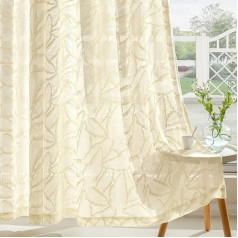 MIULEE Curtains Voile Curtain with Leaf Patterns Semi-Transparent with Eyelets Curtains Scarves for Living Room Bedroom Children's Room Set of 2 160 × 140 cm (H×W) Beige