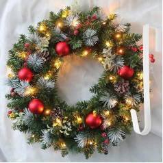 40 cm Christmas Wreath, Advent Wreath, Hanging Christmas Decoration, Door Wreath with 40 LE-D and Hooks, Christmas Door Decoration for Home, Office, Christmas Decor (Red)